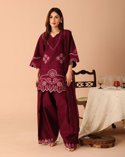 Mahroon Embroidery 3PC